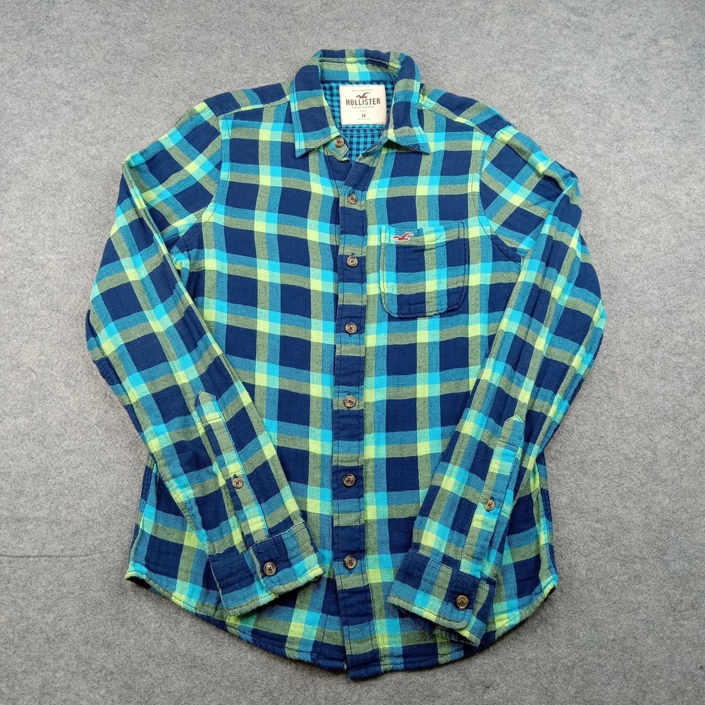 Hollister Shirt Mens Medium Blue Green Plaid Flannel Button Front Long Sleeve